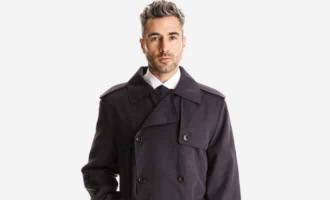 A photo of a black men's trench coat. 